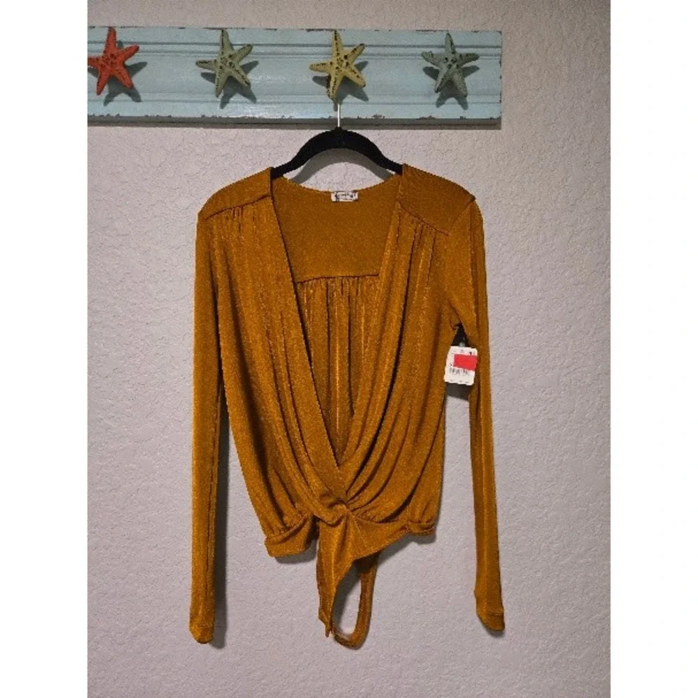 Intimately Free People Metallic Gold Wrap Tie Front Long Sleeve Top Small NWT